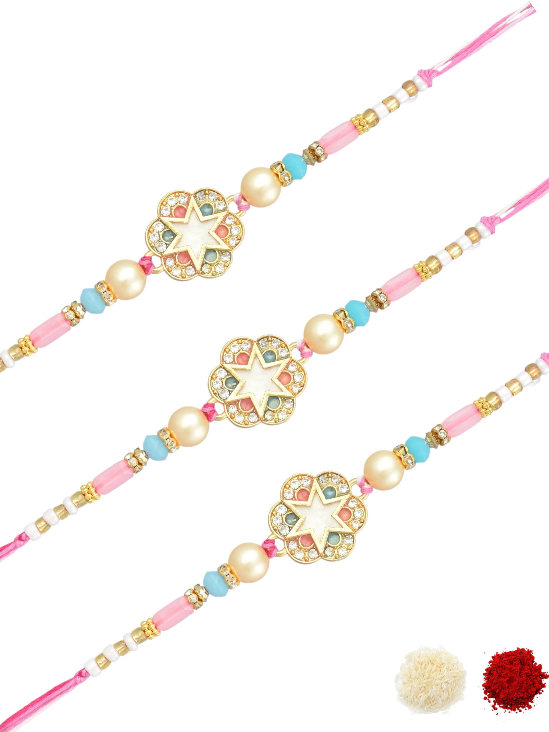 Premium Pastel Star Flower Design Enamel Work Cotton Thread AD Studded & Beaded Pack of 3 Rakhi for Brother, Bhaiya & Bhai with Roli Chawal & Greeting Card for Raksha Bandhan-55-image-38