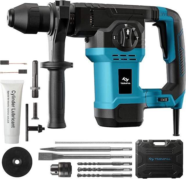 Tilswall SDS-Plus Rotary Hammer Drill 1500W, 4 Function and Adjustable Soft Grip Handle with Vibration Control, Concrete Drill Breaker Includes 3 Drill Bits,Point and Flat Chisel with Case