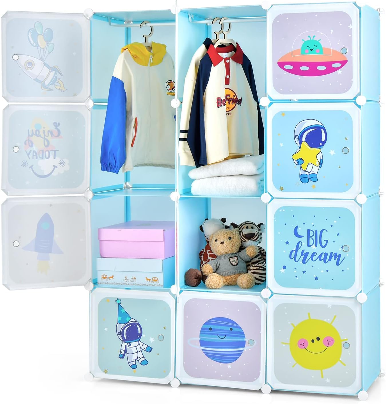 GOPLUS Armario Modular Infantil 12 Cubos Plásticos 36×36 cm, Mueble Almacenaje Juguetes Barra Suspensión 107 x 36 x 142 cm Azul