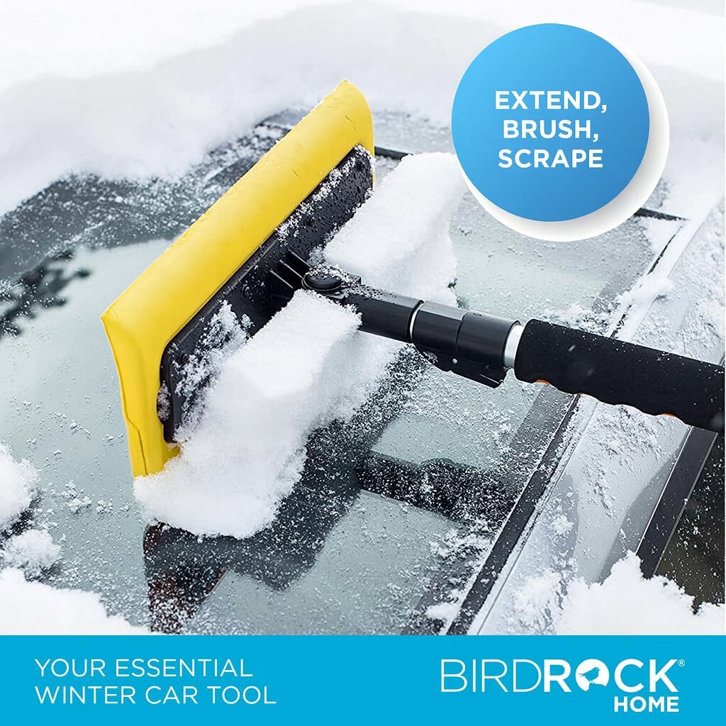 BIRDROCK HOME 55" Extendable Snow Brush & Ice Scraper for Car Windshield - Long Aluminum Grip for Truck, SUV - 14" Foam Head - Safe on Auto & Windows - Wide Frost Remover - Yellow
