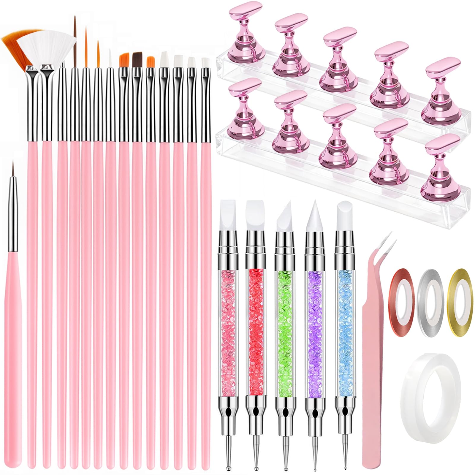 35 Stück Nagelkunst-Werkzeugset, Nagelkunstpinsel, Nagelständer, Nagel-Dotting-Werkzeug mit zwei Spitzen und Silikon-Skulpturstift, Nagelkunst-Set für Nagelkunst-Design zum Selbermachen