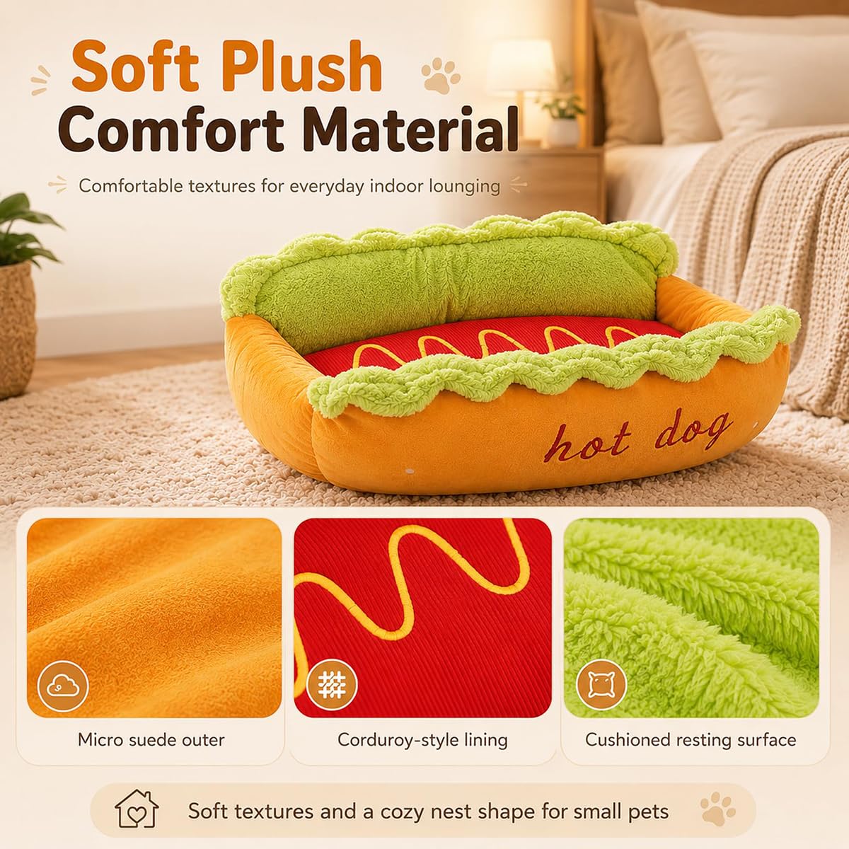Cuccia a forma di hot dog, cuccia per cani e gatti, lavabile, tappetino rimovibile, base antiscivolo, chiusura lampo, letto per animali domestici rimovibile (M)