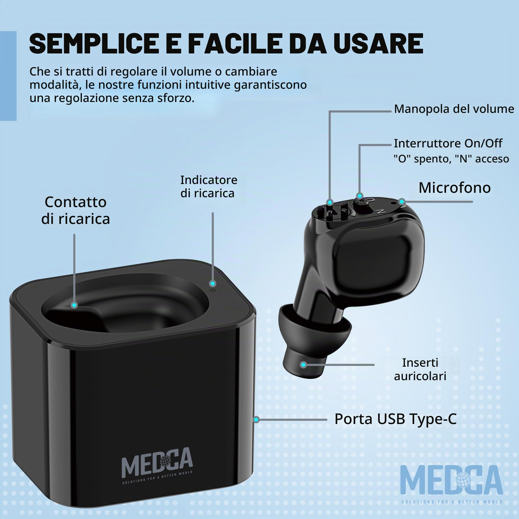 Apparecchio acustico digitale ricaricabile - Amplificatore acustico HD Sound per adulti e anziani con base di ricarica, riduzione intelligente del rumore - Unità di assistenza acustica singola per ore
