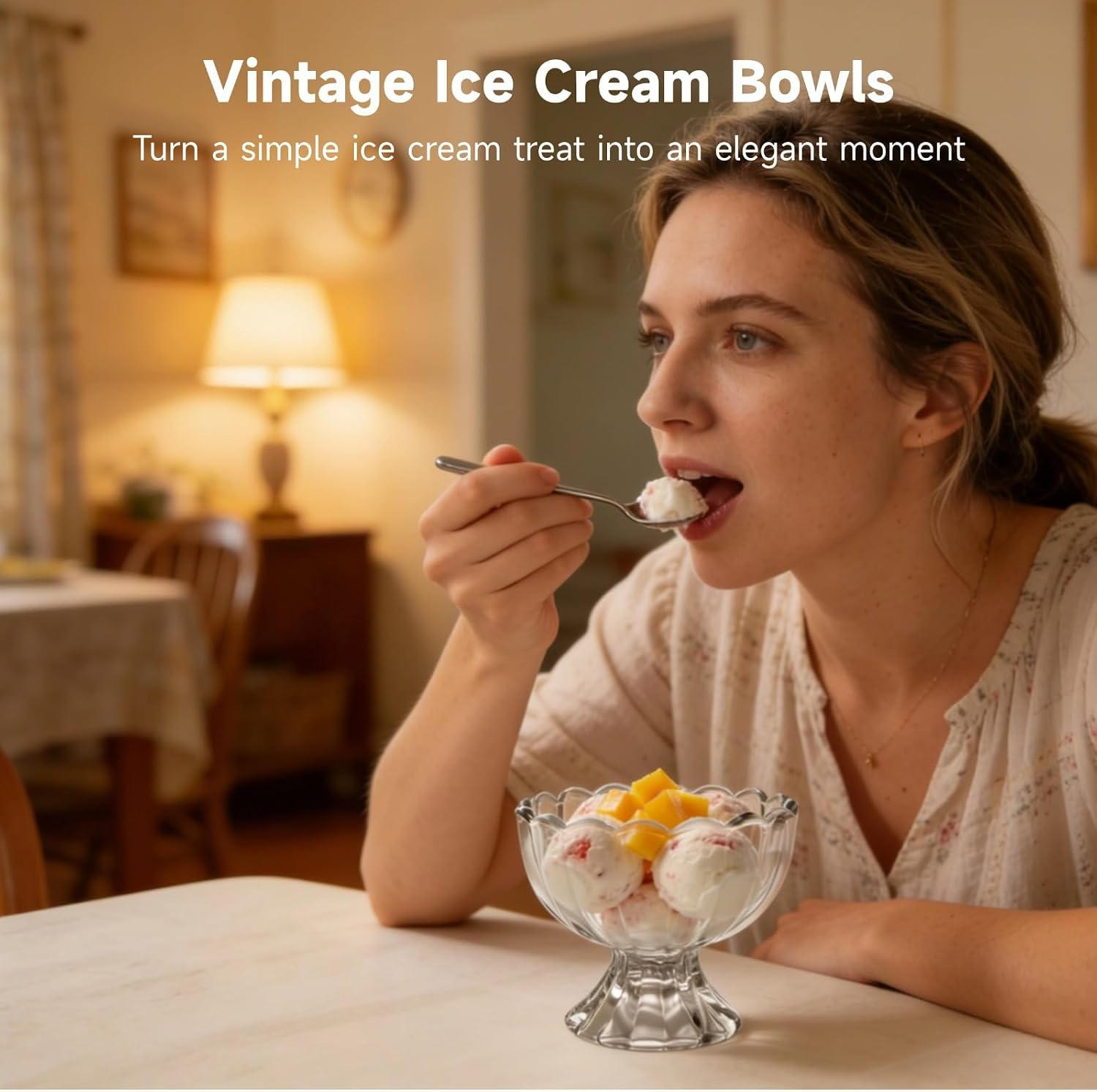 5oz Iced Cream Dessert Bowl, Glass Dessert Bowls Set of 6, Vintage Footed Tulip Glass Dessert Cups with 6 Stainless Steel Spoons, Small Glass Parfait Cups for Sundae, Fruit, Pudding, Snacks