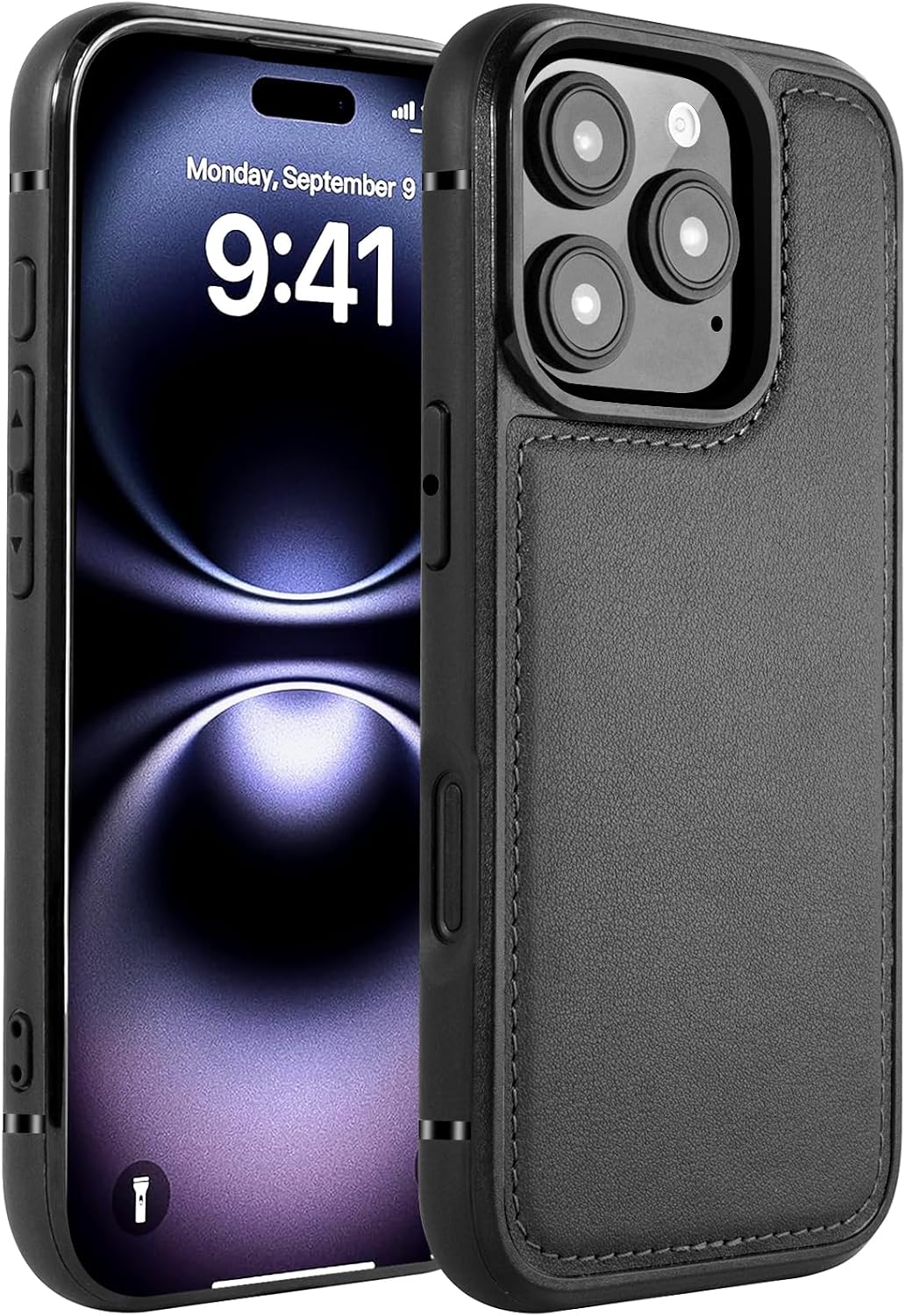 Leather Stitched Case for iPhone 16 Pro Compatible with MagSafe Black