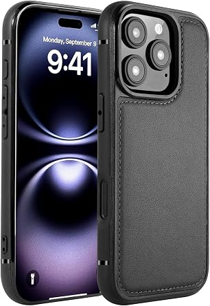 Leather Stitched Case for iPhone 16 Pro Compatible with MagSafe Black