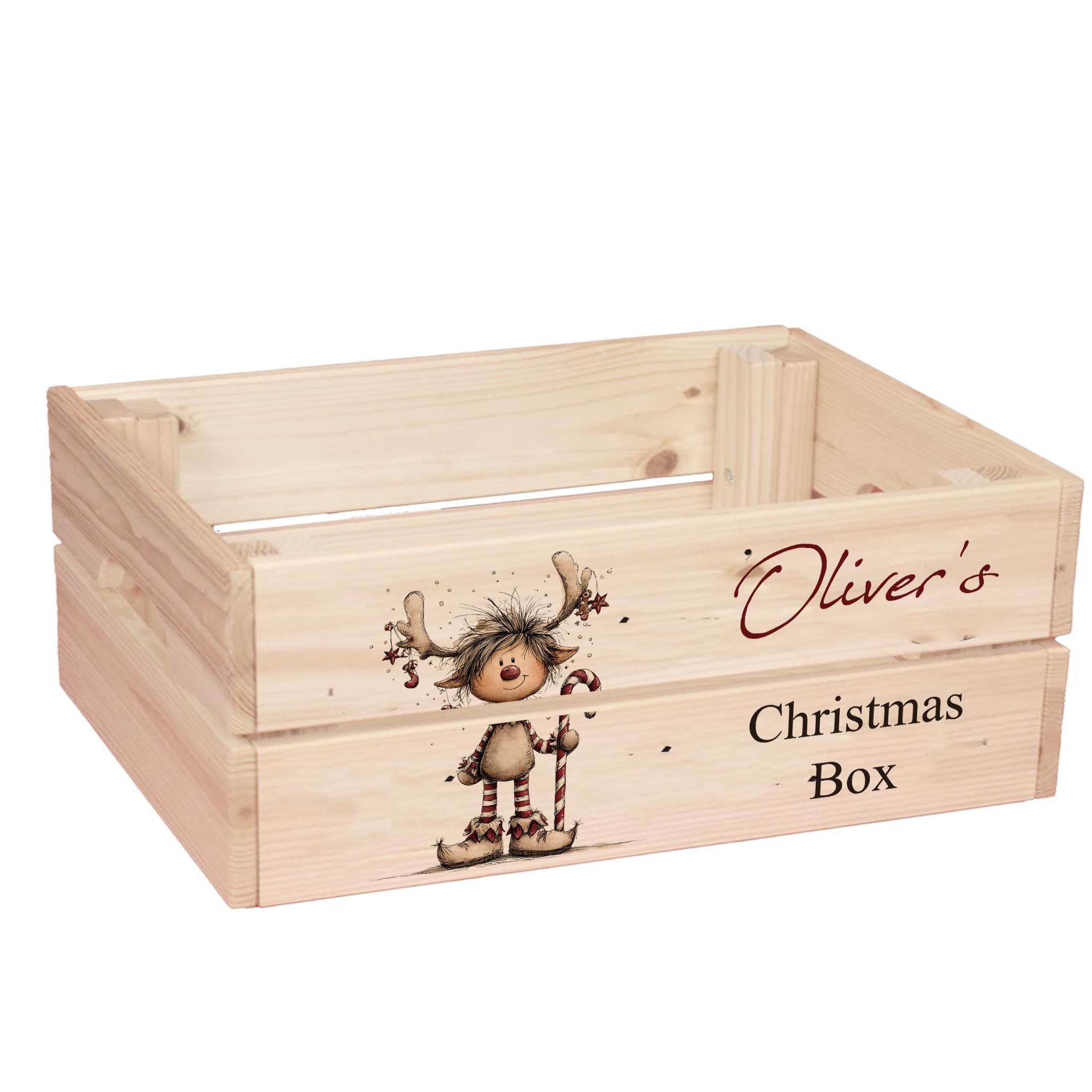 ukgiftstoreonline Personalised Christmas Eve Box with Santa, Trees, Reindeer, Snowman Designs, Wooden Storage Crate, 30.5 x 25 x 12 cm, Holiday Presentation Box with Side Handles (ELF-1) — image 1