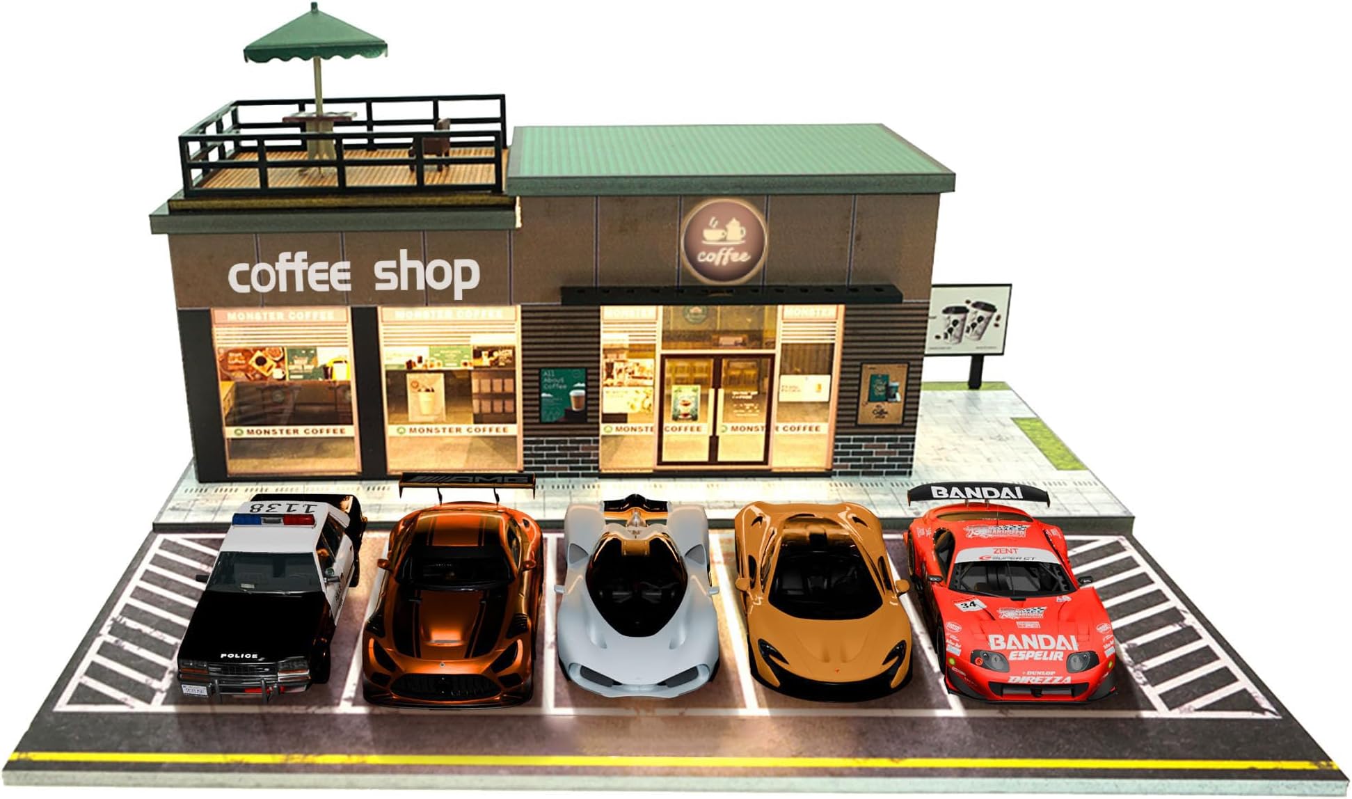 1/64 Model Car Display Shop Case for Adults, Premium in-House-Design Scale Diecast Parking Garage for Toy Cars, Toys Car Garage, Scenic Diorama Display Car Park with ith LED Lamps, Gifts for Men