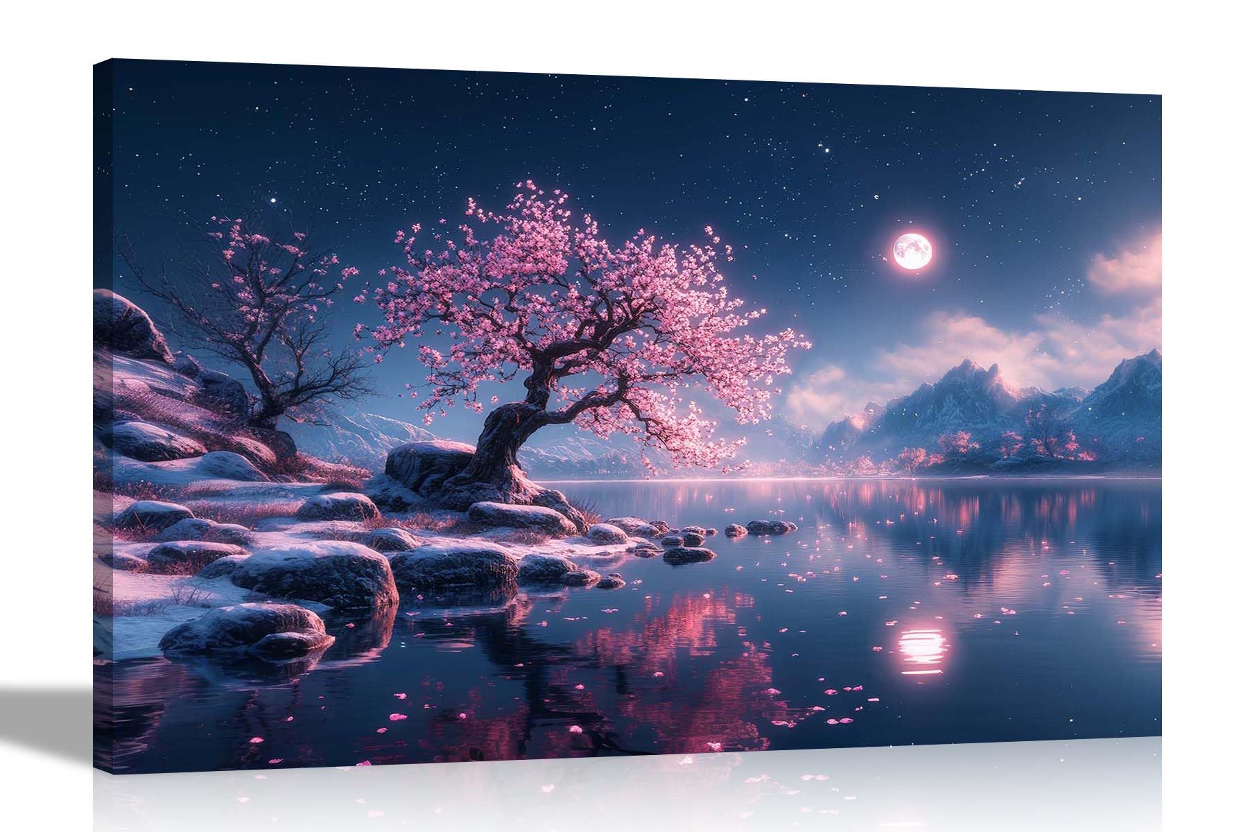 Artley Prints Winter Mountain Snow - Moonlit Sky Over Lake Mountain Landscape Canvas Prints For Living Room Wall Art Pictures Decor 76 X 50Cm (30 X 20 Inches)