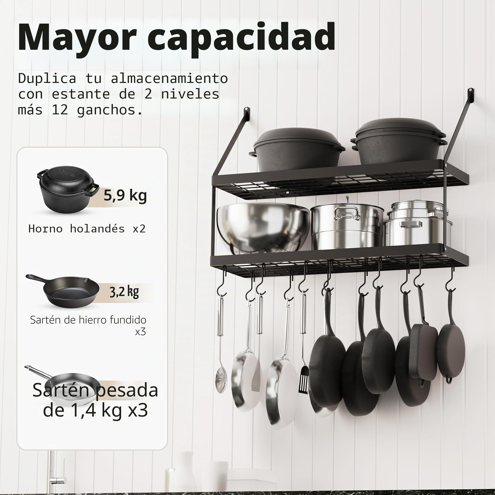 KES Estanteria Cocina para Ollas y Sartenes Estantes para Colgar con 12 Ganchos Almacenaje Organizador 2 Niveles 75CM Negro, KUR218S75B-BK