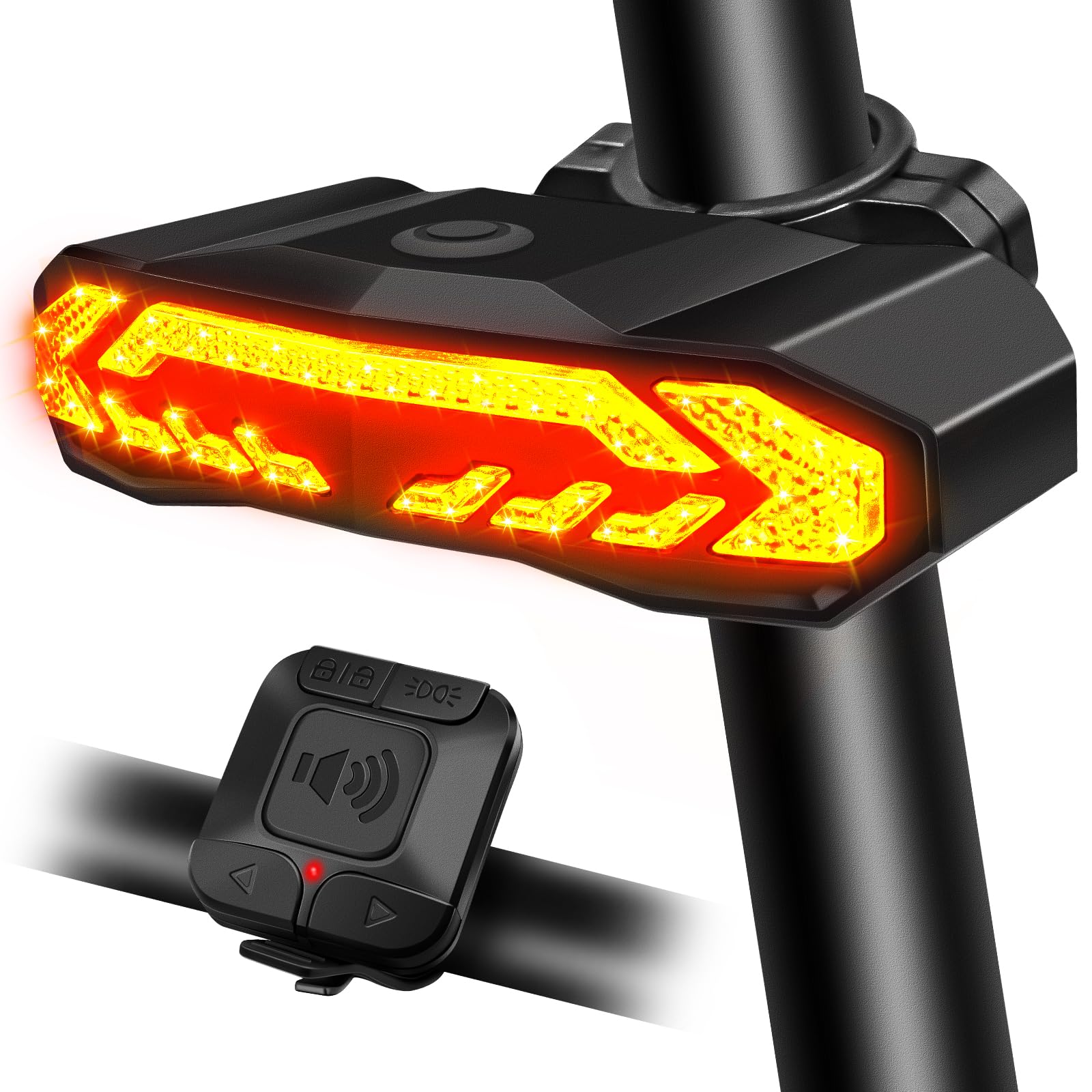 USUPERINK Luz trasera para bicicleta con intermitentes y luz de freno, control remoto inalámbrico, luz trasera de bicicleta recargable por USB, luz de advertencia de seguridad con función antirrobo