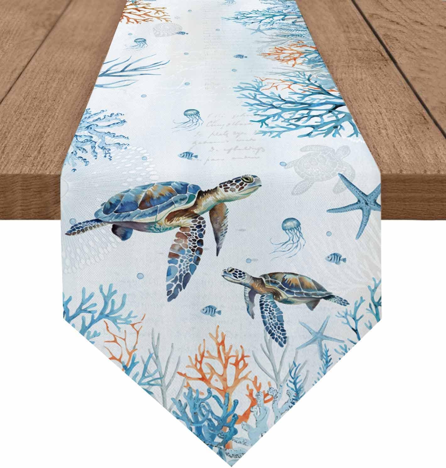 Table Runner Ocean Sea Turtle Coral Seagrass Underwater World Non-Slip Table Runners 108" L, Heat Protection Table Protector for Kitchen Dining Table Decor