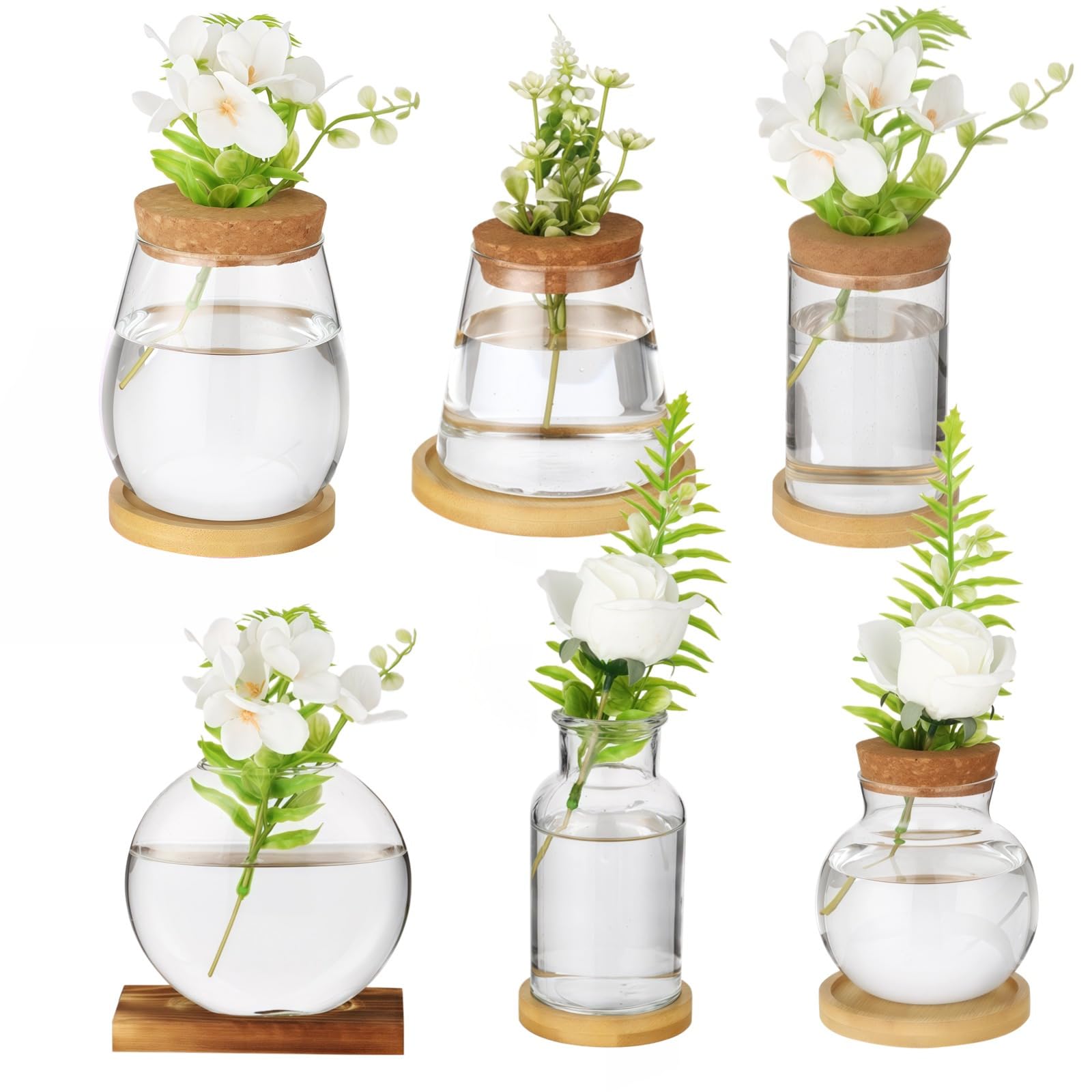 Swewarm Transparent 6 Pcs Plants Propagation Stations, Desktop Glass Propagation Vases With Wood Lid And Stand, Hydroponic Vase For Home, Office Decor, Glass Propagation Vases For Plant Growing