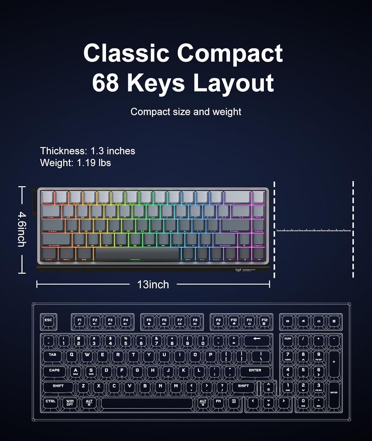 Diagram showing the dimensions of the 68-key compact layout keyboard: 13 inches length, 4.6 inches width, 1.3 inches thickness, and 1.19 lbs weight.