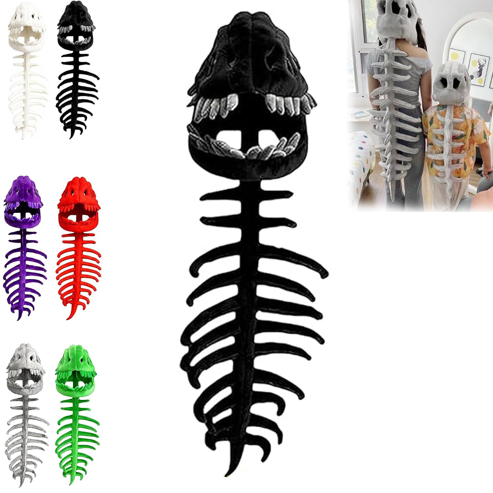 My Cozy Dino - Wearable Dinosaur Skeleton Plush Hoodie Costume, 3D Realistic Skull Outfit for Halloween, Cosplay & Party, Silly Dino Plush Skeleton with Cozy Fleece Lining (Black, 29.5in)