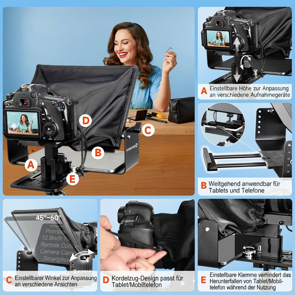 Moman MT12 telepromter 12,9 Zoll mit Fernbedienungs-App und Fernbedienung, Verstellbarer Ständer - Kompatibel mit iPad, Phone, Tablets, Smartphones, DSLR-Kameras und Camcordern