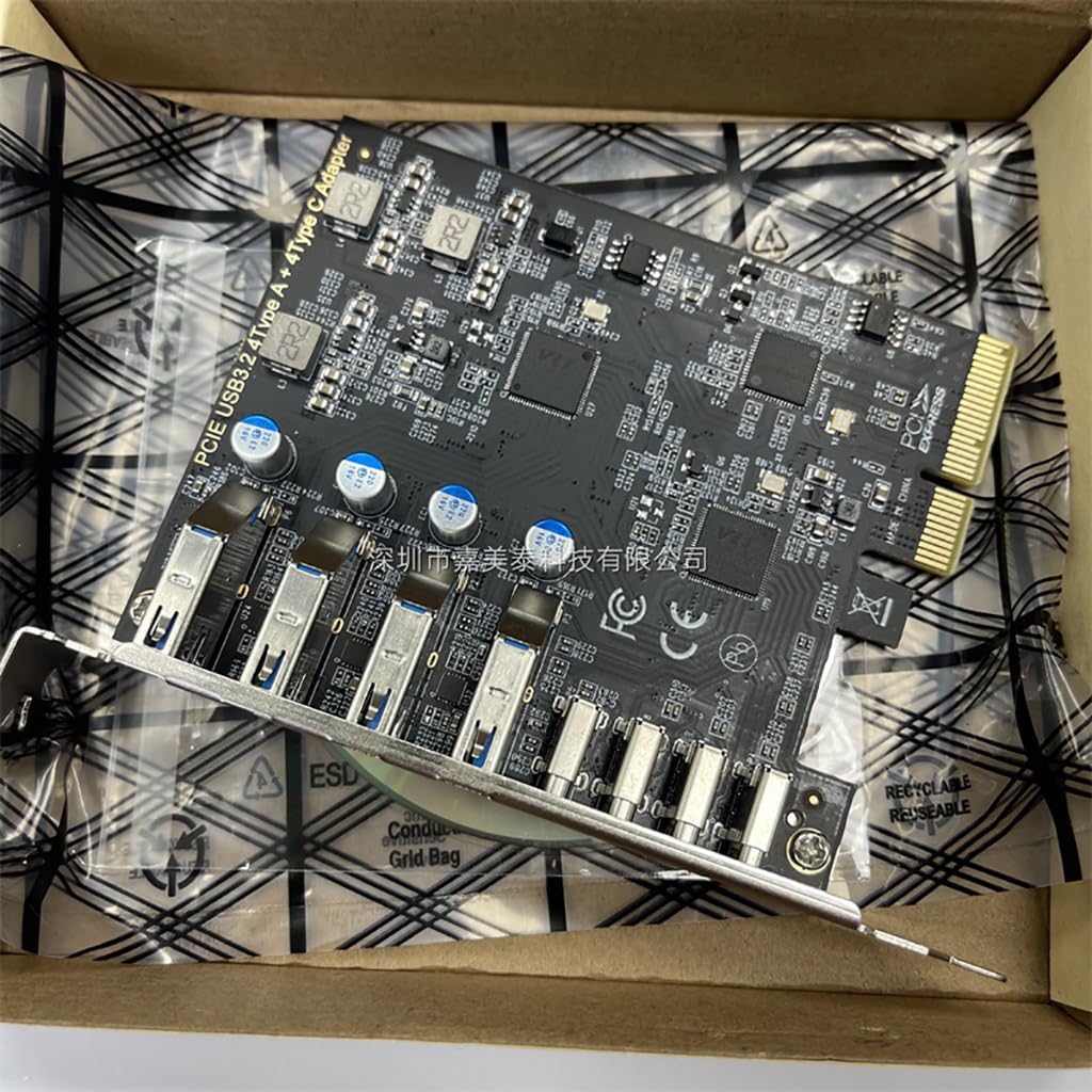 JMT PCI-E 4X to 8Ports Expansion Card 4Port USB-C + 4 Type-A 10Gbps+10Gbps MCA912 for Full Height Baffle PC Desktop