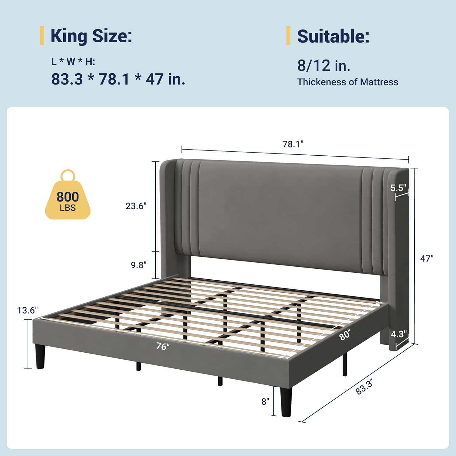Allewie King Size Velvet Platform Bed Frame with Vertical Tufted Wingback Headboard, Easy Assembly, Under Bed Storage, No Box Spring Required, Modern Style, Grey