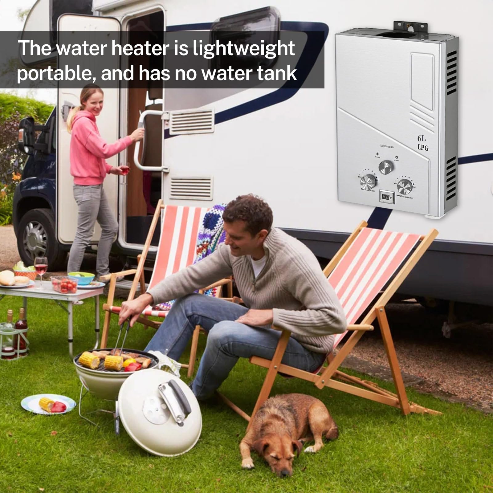 Chauffe-Eau à Gaz Instantané 6L, Chauffe-eau Instantané 12KW GPL avec Pommeau de Douche,Chauffe-eau à Gaz pour Maison Camping Caravane (6L)