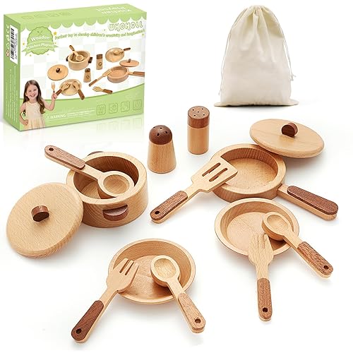 WHOHOLL Wooden Play Kitchen Accessories, Pretend Toys Pots and Pans