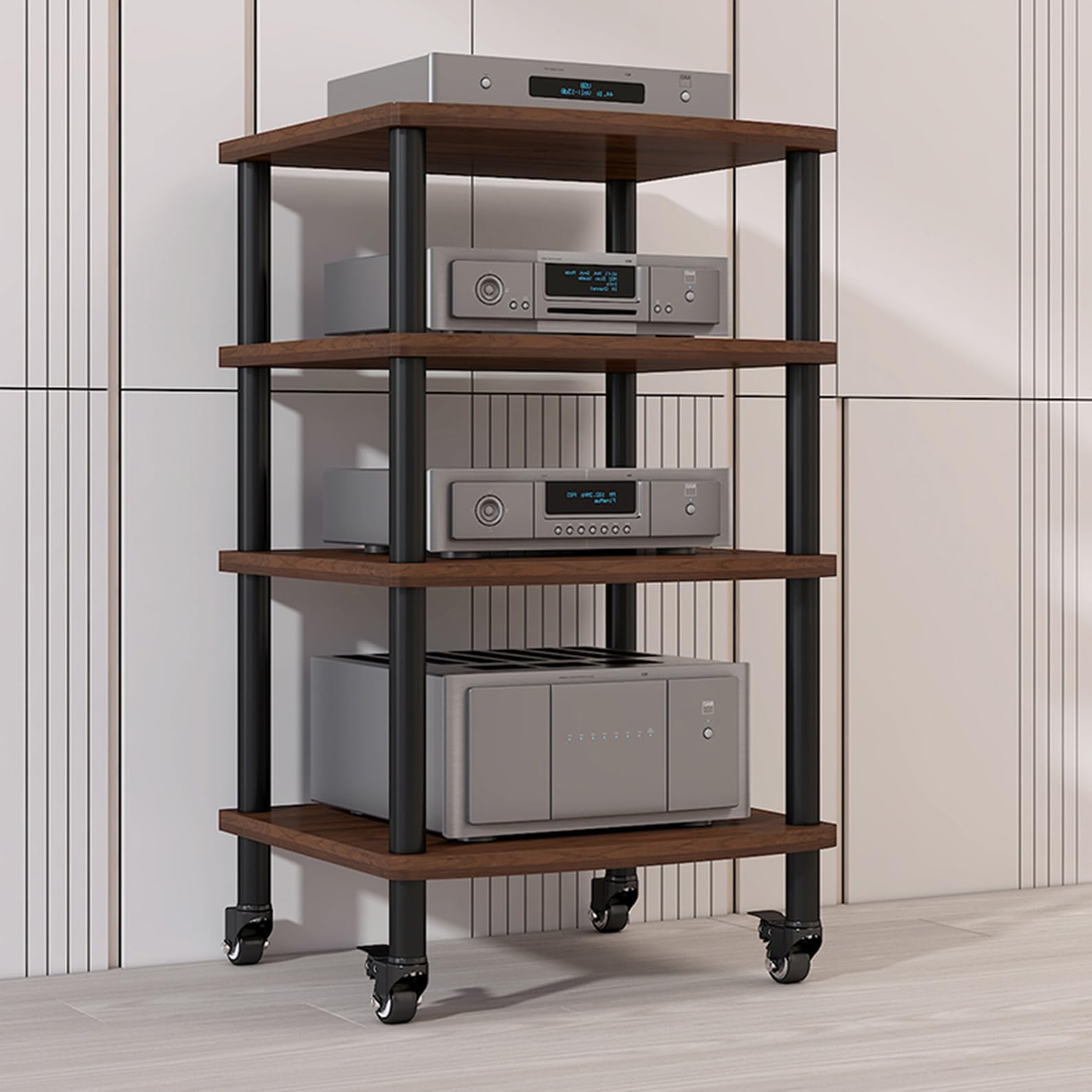 CWCQGH Tall Audio Video Media Stand with Universal Wheels Modern Floor Standing Audio Rack for Living Room Gaming and Recording Studio Entertainment Tower,Dark Walnut-60x54x95cm