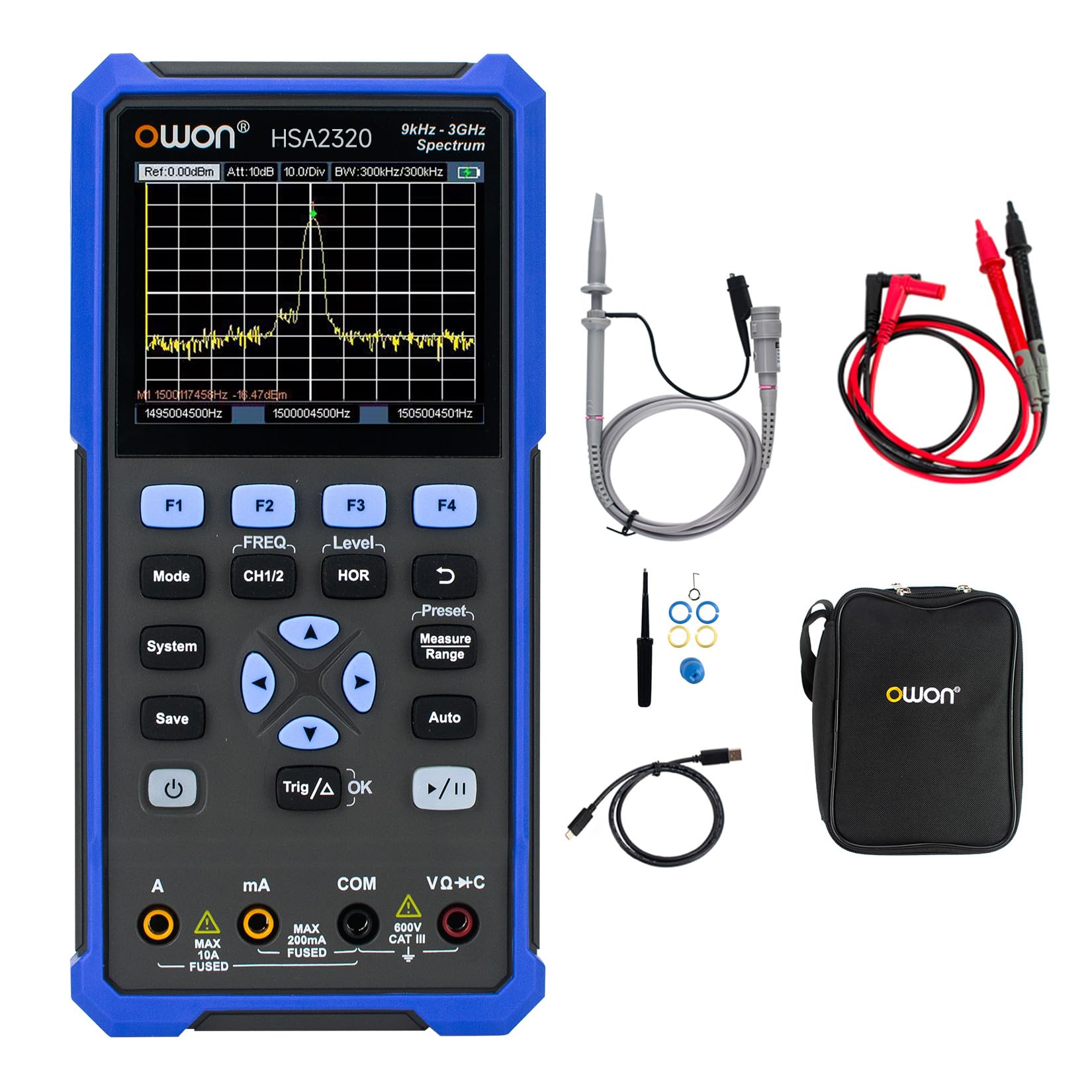 OWON HSA2320 Analizzatore di Spettro 3 in 1 da 9kHz a 3GHz, Oscilloscopio a 200MHz, Multimetro a 4 1/2 Cifre, Frequenza di Campionamento Massima di 1GSa/S, Analizzatore di Spettro Multifunzione