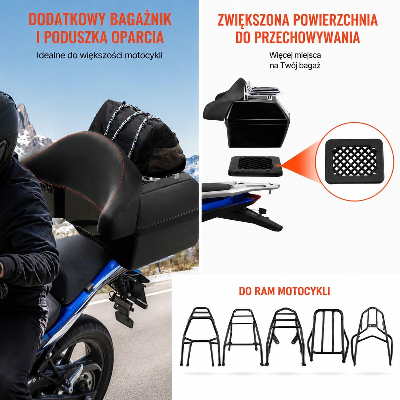 Kufer motocyklowy 48L, uniwersalna skrzynia z PP na tylny bagażnik do
