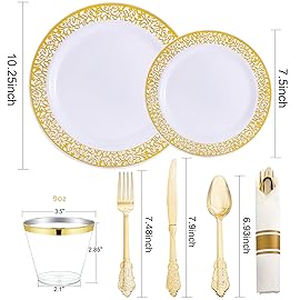 DaYammi 210 PCS Thanksgiving Gold Plastic Plates, Thanksgiving Plastic Dinnerware Sets, Includes: 30 Dinner Plates, 30 Salad Plates, 30 Pre Rolled Napkins with Gold Silverware and 30 Cups 9 OZ