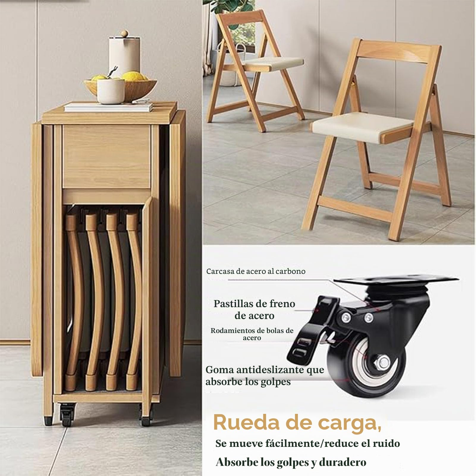 Juego de mesa de comedor plegable de madera maciza extensible con 6 sillas acolchadas, diseño compacto que ahorra espacio para el hogar, sala de estar, restaurante y cocina móvil