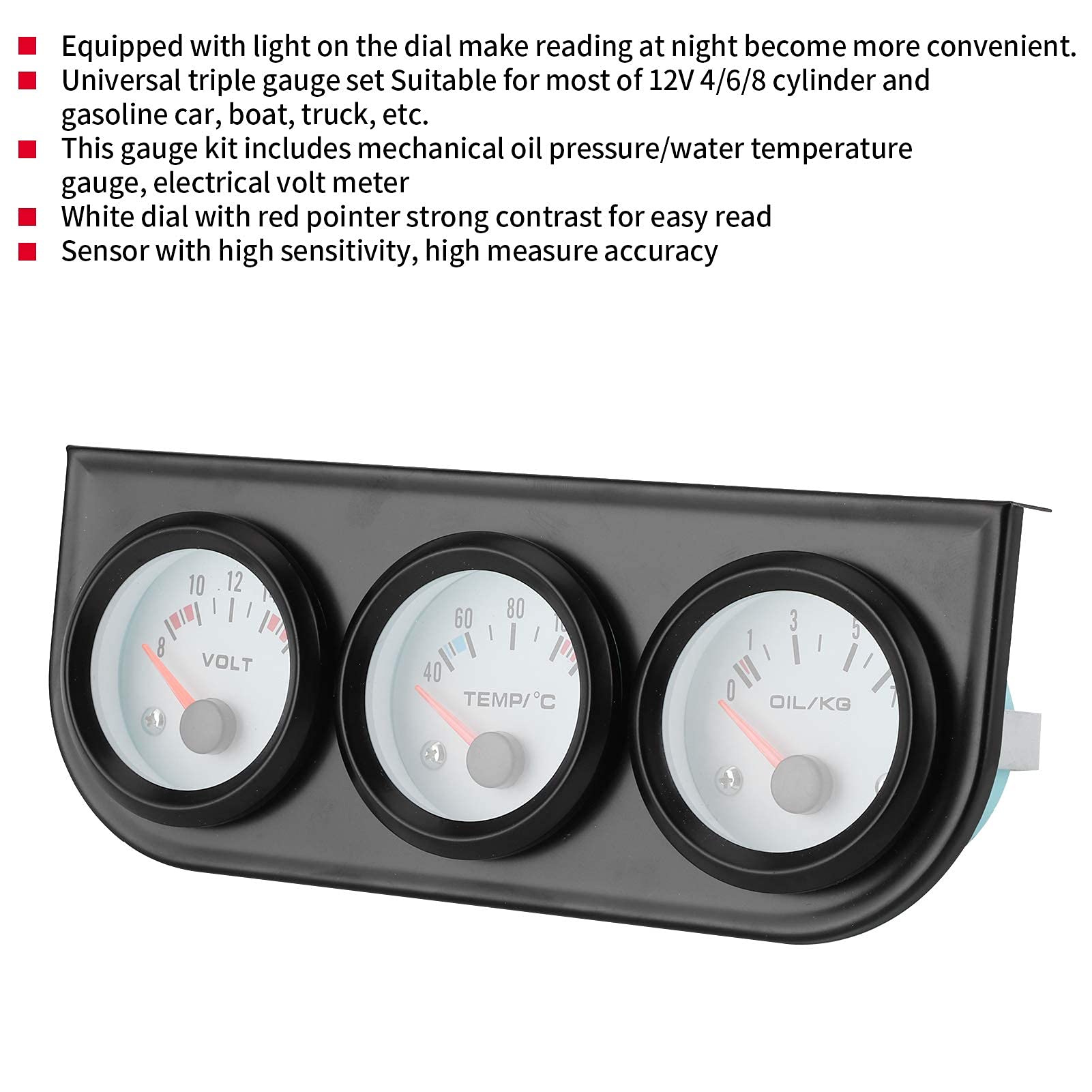 Kit de Jauge Triple, 3 en 1 pour Voiture, Triple Affichage électronique, Température de L'eau + Volt + Manomètre D'huile, Instrument 52 Mm