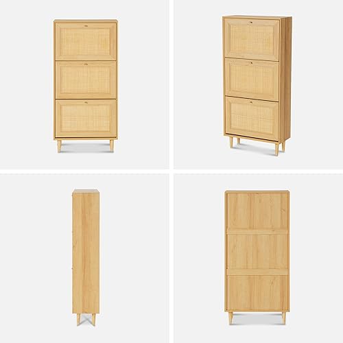 Miniatura 5 de Gabinete de zapatos de ratán estrecho con 3 cajones abatibles, organizador de zapatos independiente oculto con patas de madera para entrada,