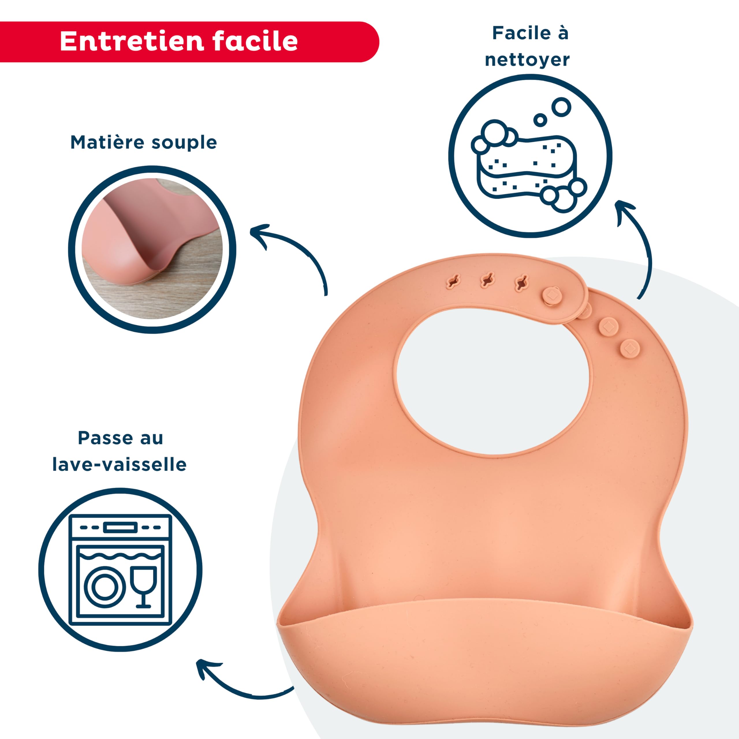 THERMOBABY - Set di 2 bavaglini in silicone morbido per neonati con tasca di recupero - Regolabili e facili da pulire - Ideale per i pasti - Pratico e impermeabile (verde cactus e pesca)