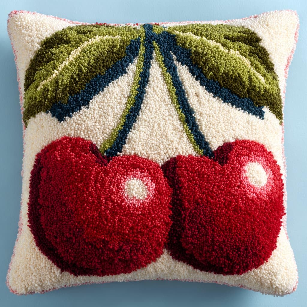 Taxpy DIY Latch Hook Pillow Cover Kits, Red Cherry Stamped Handamade Pillowcase Crochet Yarn Hook and Latch Emboridery Throw Pillow 43x43cm