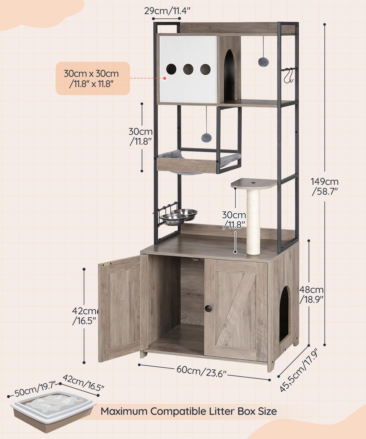 HOOBRO Cat Tree with Litter Box Enclosure, 58.7" H Cat Tower with Hidden Litter Box Furniture, with Scratching Post, Step, Hammock, Multifunctional Pet Furniture with Food Bowls, Greige BG30MZ03G1 - image 5