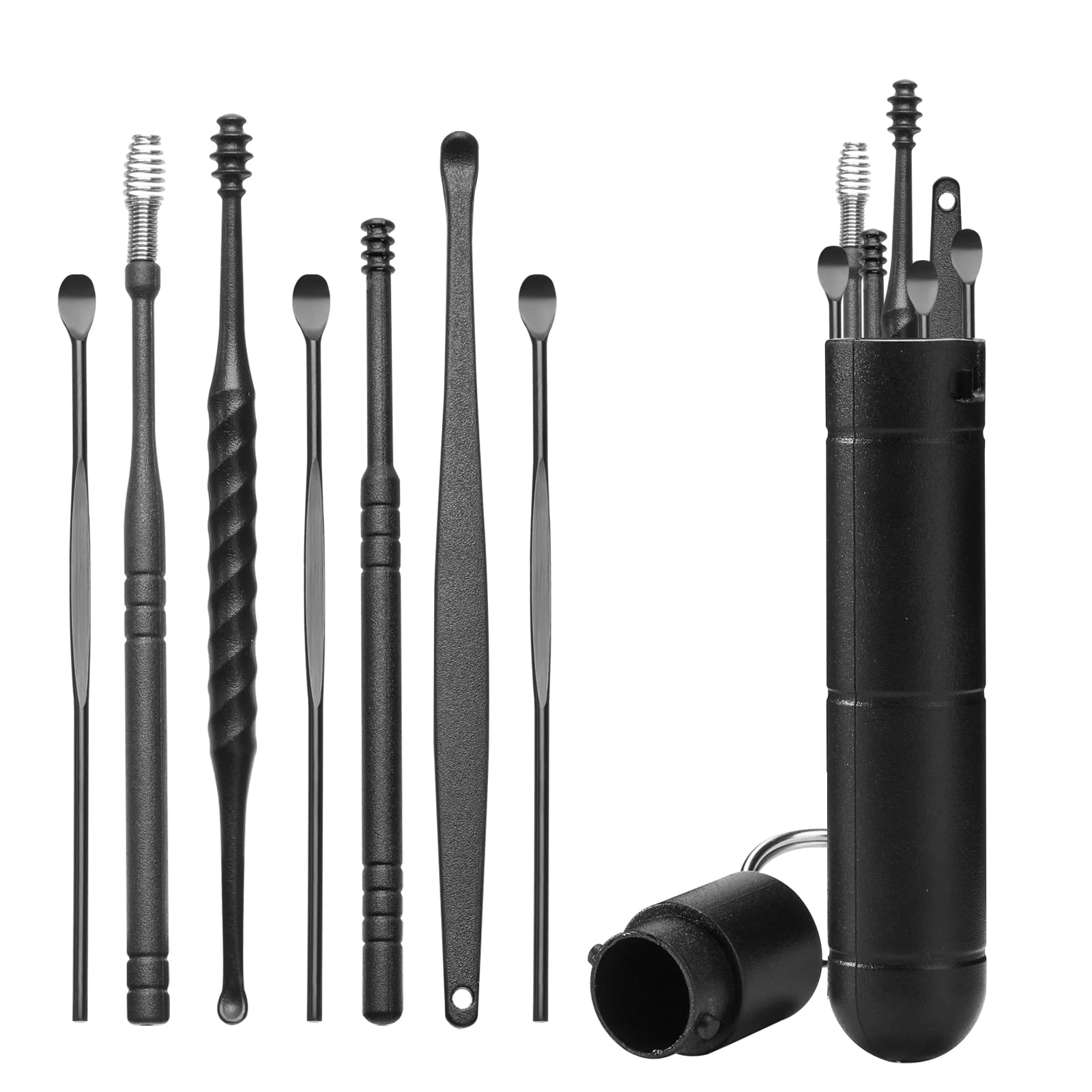 7Pezzi Pulisci Orecchie, Kit di Rimozione del Cerume Strumenti per Pulizia dell’Orecchio Riutilizzabile in Acciaio Inox con scatola portaoggetti per Adulti e Bambini Pulizia Dellorecchio, Nero