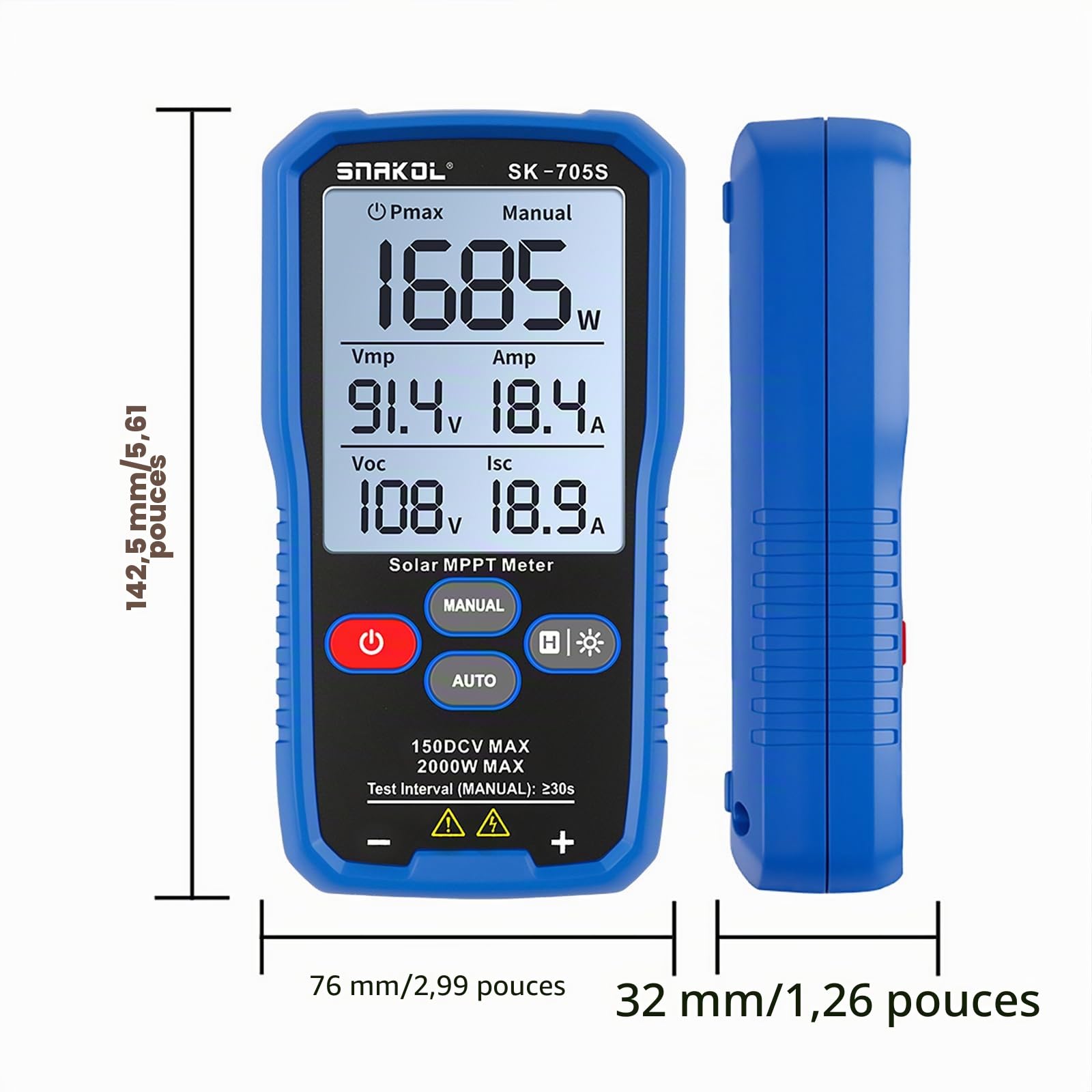 SK-705S Testeur MPPT Solaire pour Modules Photovoltaïques – 2000 W, 150 V DC Max, 35 A, Mesure Automatique et Manuelle de la Puissance, Voc Isc Vmp Pmax, Écran LCD 3,2", Testeur PV Portable