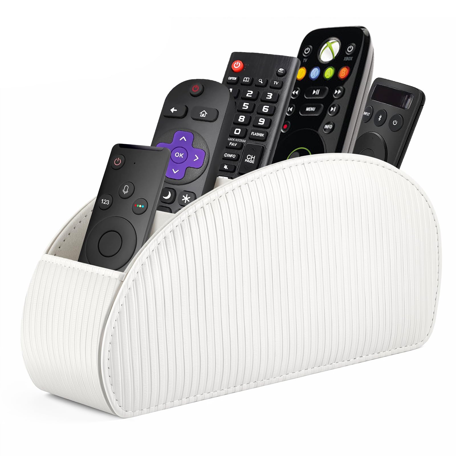 SITHON Remote Control Holder with 5 Compartments | PU Leather Remote Caddy Desktop Organizer Store TV, DVD, Blu-Ray, Media Player, Heater Controllers, Stripe Pearl White