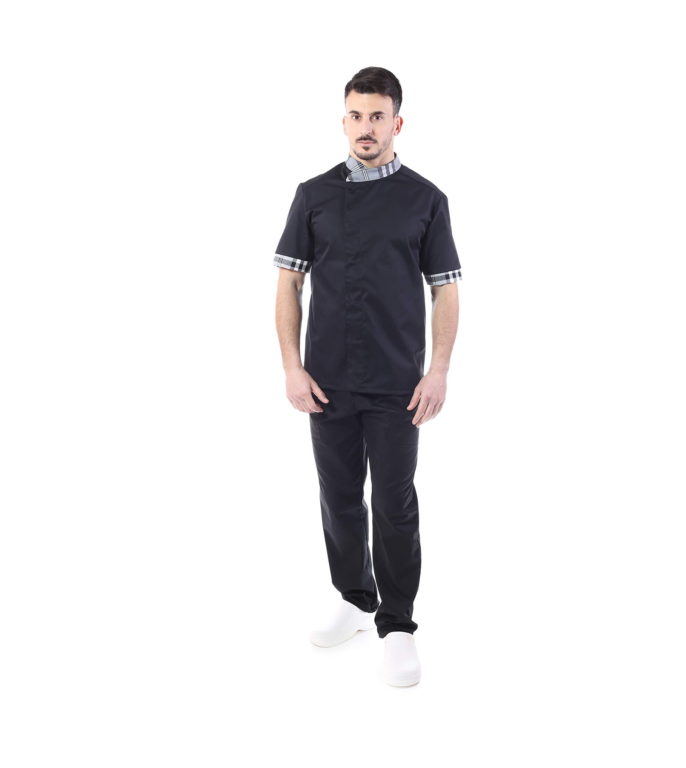 RICAMO GRATUITO - Completo Cuoco e Chef Nero - Scozzese - Uomo - Doppio Collo - 4 PZ - Giacca Manica Corta, Pantalone, Davantino, e Bandana - Divisa per Cucina e Ristorante - Made in Italy