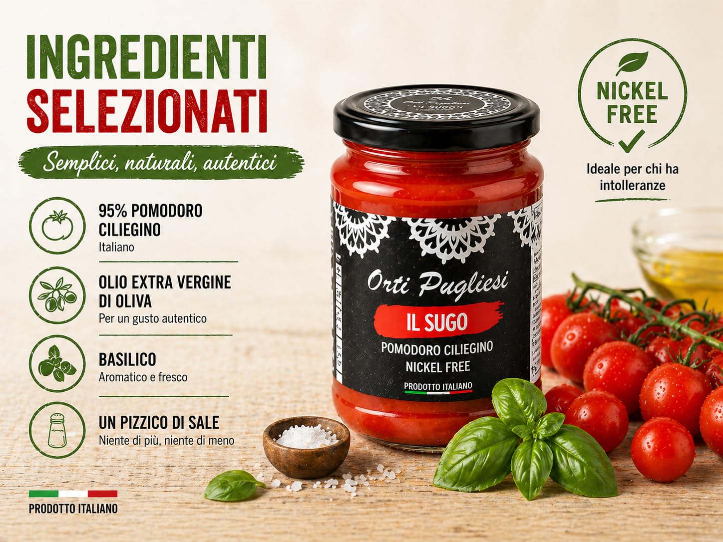 Il Sugo di Pomodoro Nickel Free, Orti pugliesi, Pomodori Ciliegini Senza Nickel 100% Italiani, Box da 6x280gr barattoli di vetro