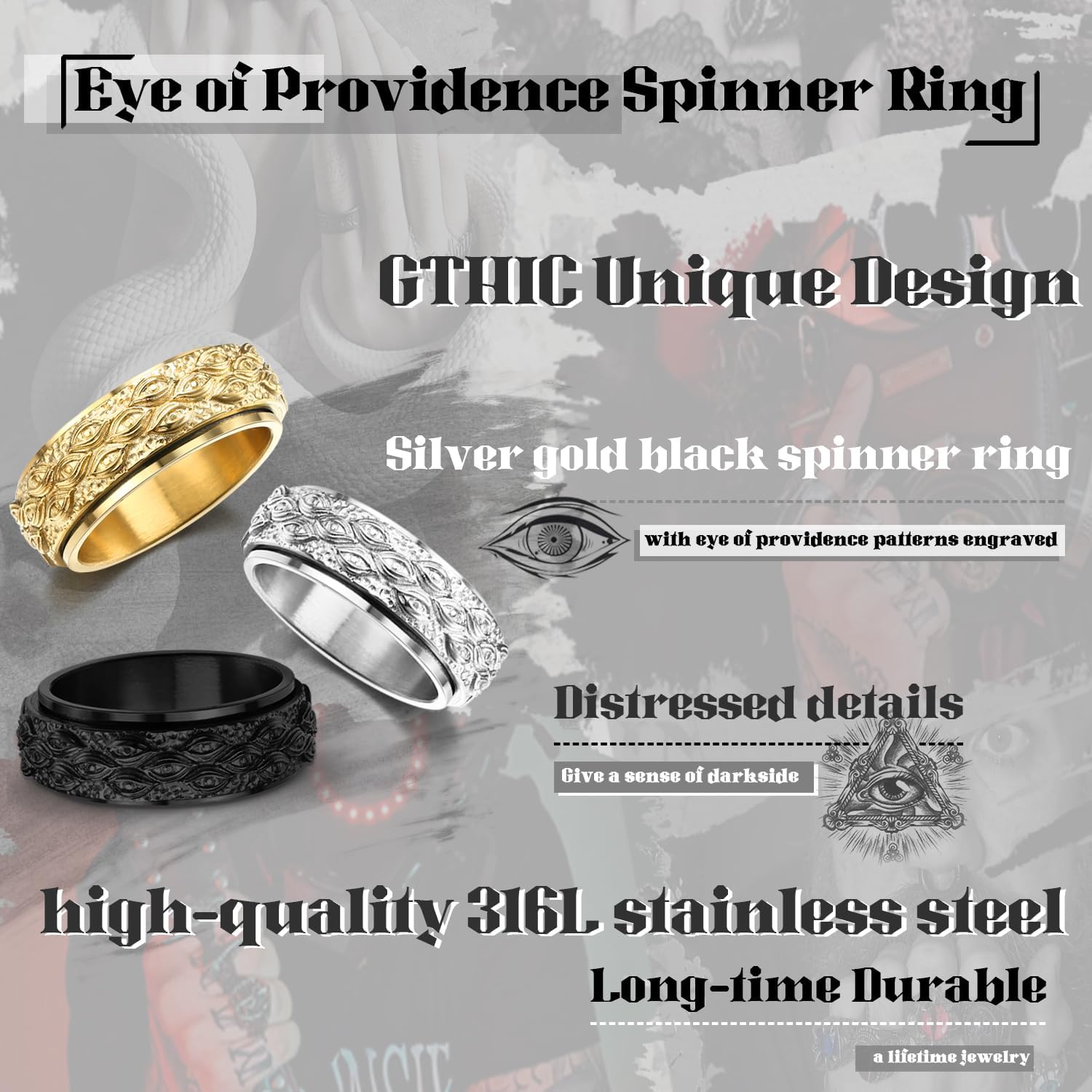 GTHIC Stainless Steel Eye of Providence Spinner Ring for Men Women Black Gold Silver Gothic Ring All Seeing Eye Rotating Band Ring Vintage Evil Eye Fidget Rings For Anxiety Jewelry Size 6-13