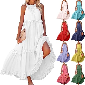 Smocked Halter Maxi Dress for Women Elegant Loose Flowy Tiered Ruffle Dress Summer Swing Beach Dresses with Pockets