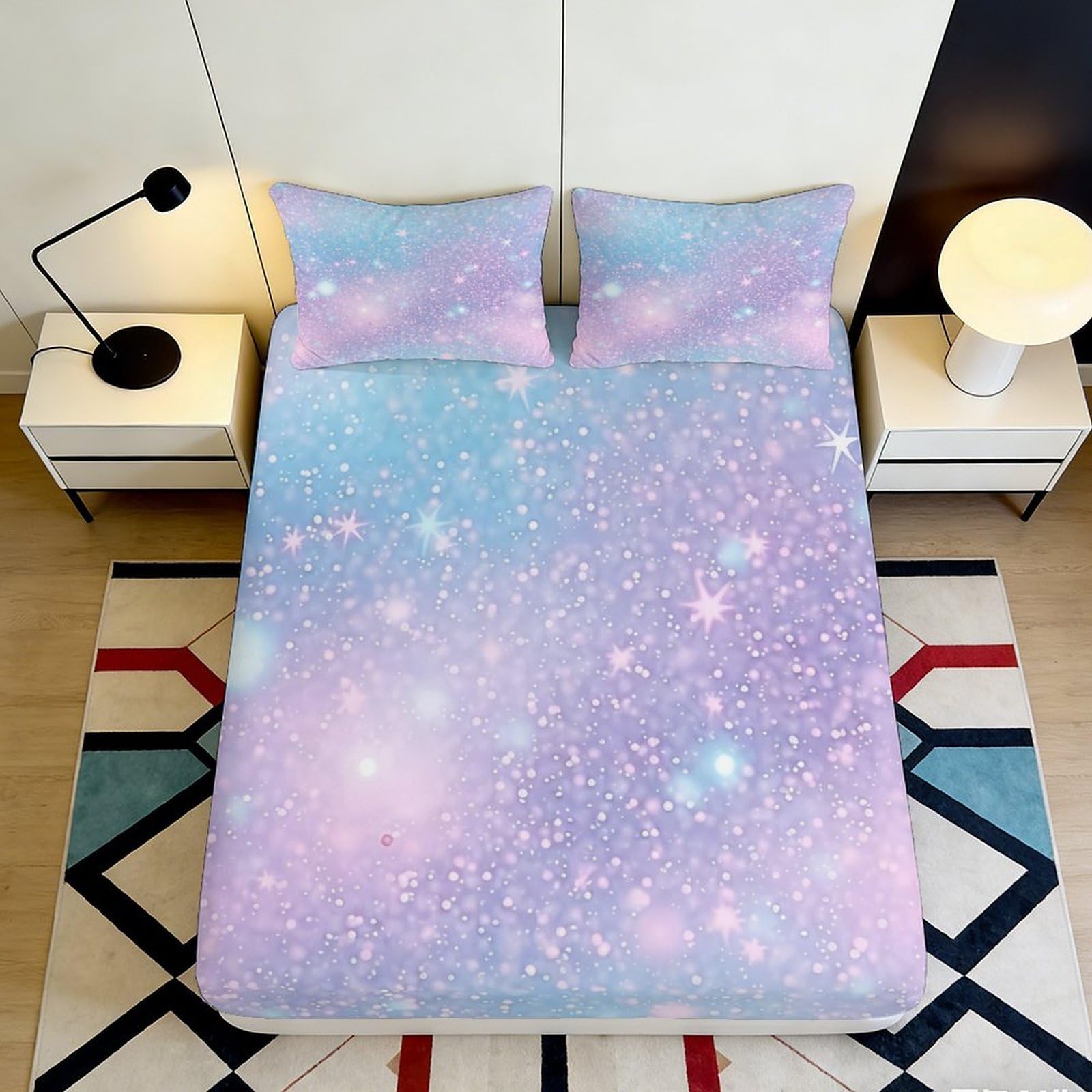 3D Printed Dreamy Galaxy Starry Sky Fitted Sheet Microfiber Soft Pastel Nebula Mattress Cover for Bedroom Dorm Decor 90x200x25cm