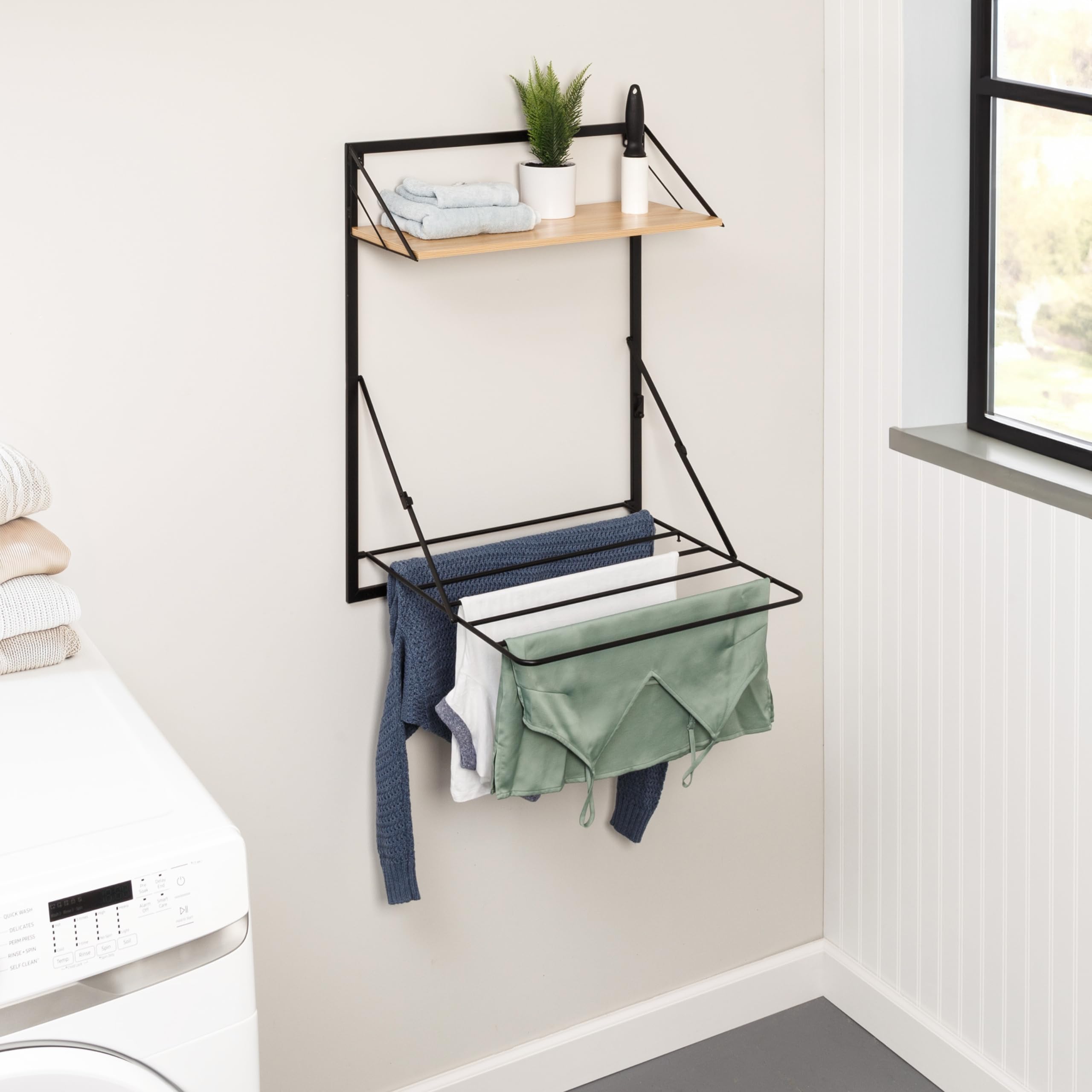 Honey-Can-Do Wall-Mount or Over-The-Door Compact Collapsible Drying Rack with Extra Shelf, Black & Oak