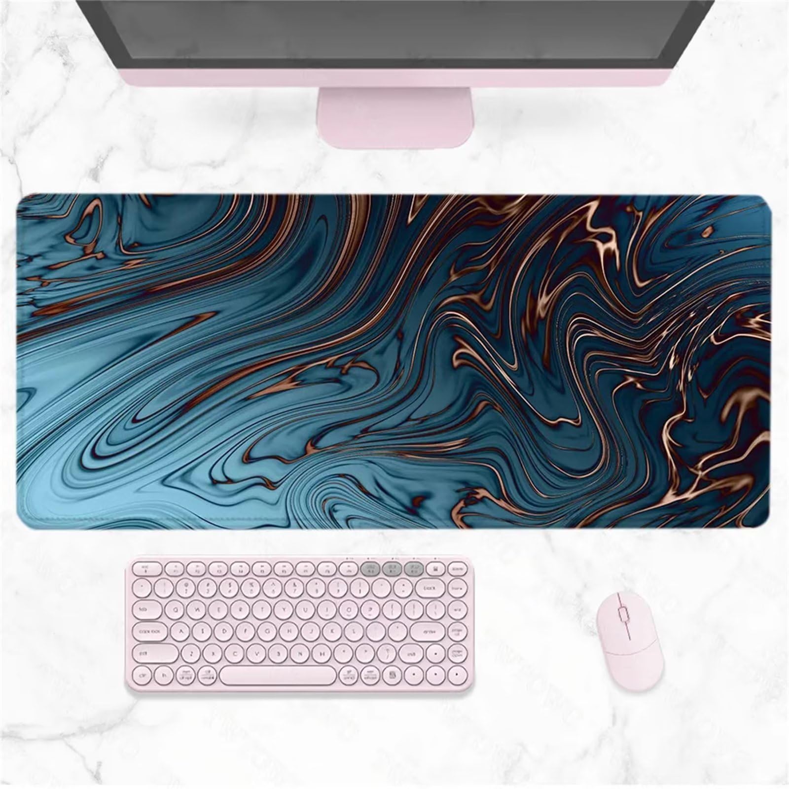 Tappetino Per Mouse In Tessuto Con Bordo Cucito, Motivo Marmorizzato Blu E Oro - Dimensioni 240x200x3 Mm, Base In Gomma Antiscivolo