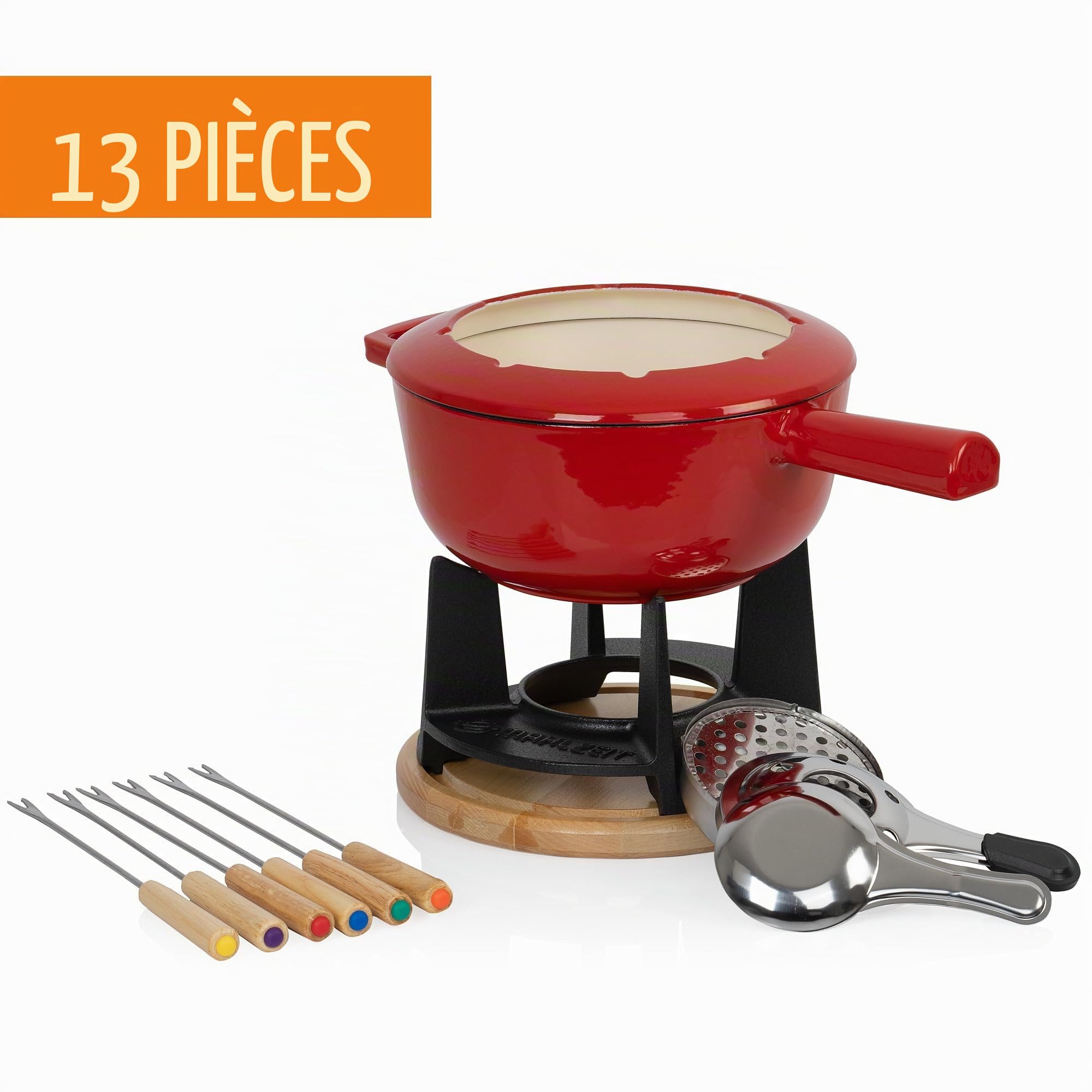 Mahlzeit Service à Fondue en Fonte pour 6 Personnes | 2 litres | Service à Fondue à 13 pièces avec brûleur et fourchettes | Service à Fondue Chocolat, Fondue bourguignonne (Rouge émaillé)