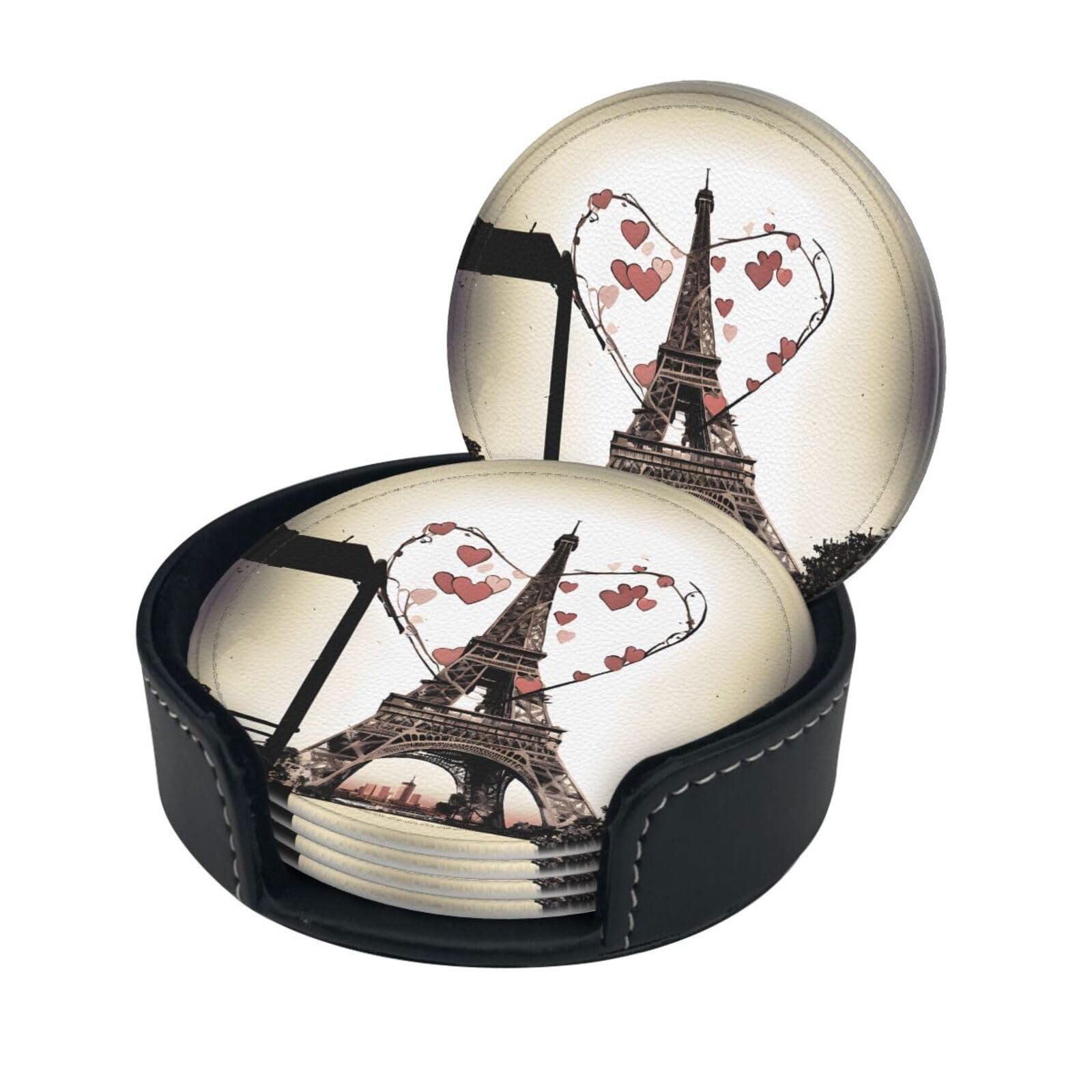 Eiffel Tower Love Paris Print Coaster,Round Leather Coasters with Storage Box for Wine Mugs,Cold Drinks and Cups Tabletop Protection (6 Piece)