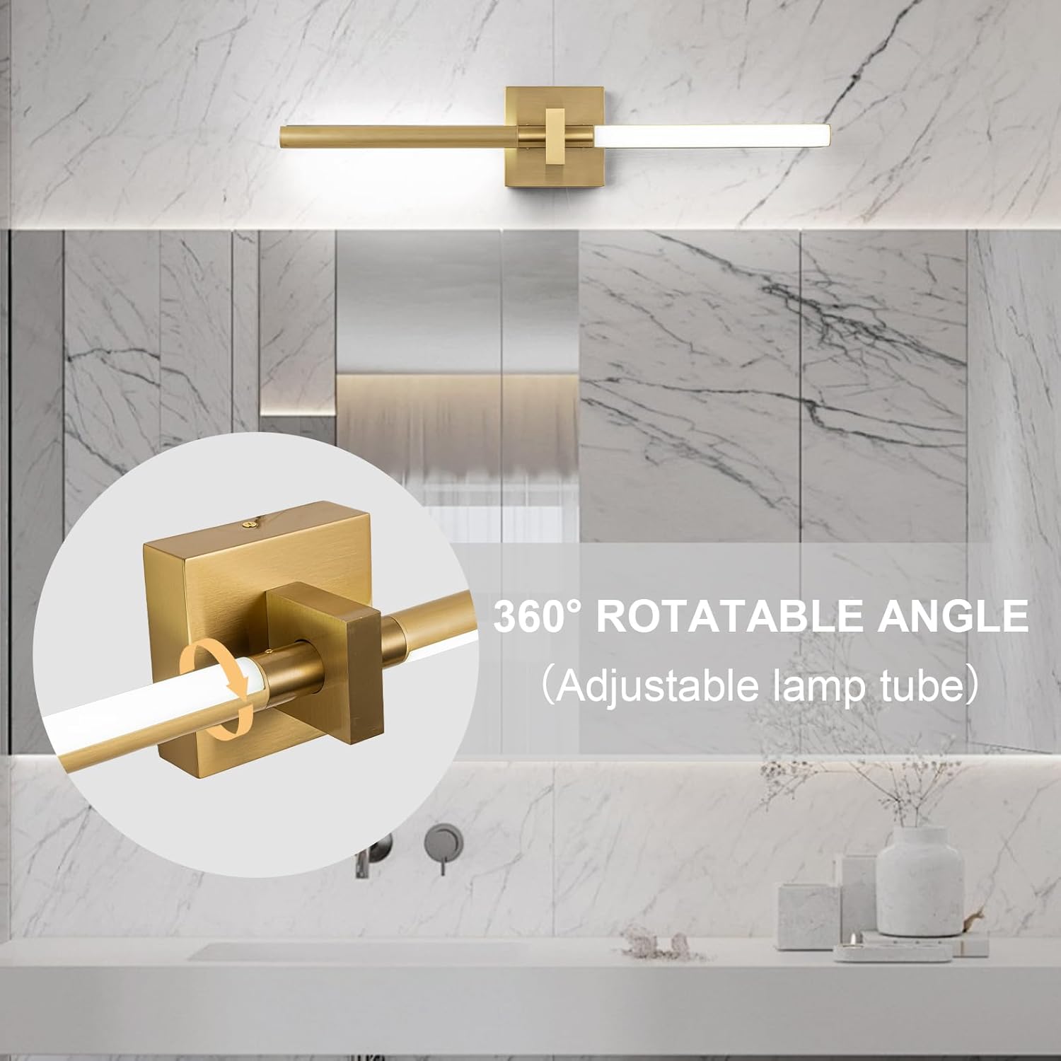 EDISLIVE Modern Dimmable LED Vanity Light 360° Rotatable Bathroom Vanity Wall Lighting Fixtures, 23.2 in Mirror Wall Sconce Fixtures for Bathroom Bedroom Makeup Living Room,6000K(Gold)