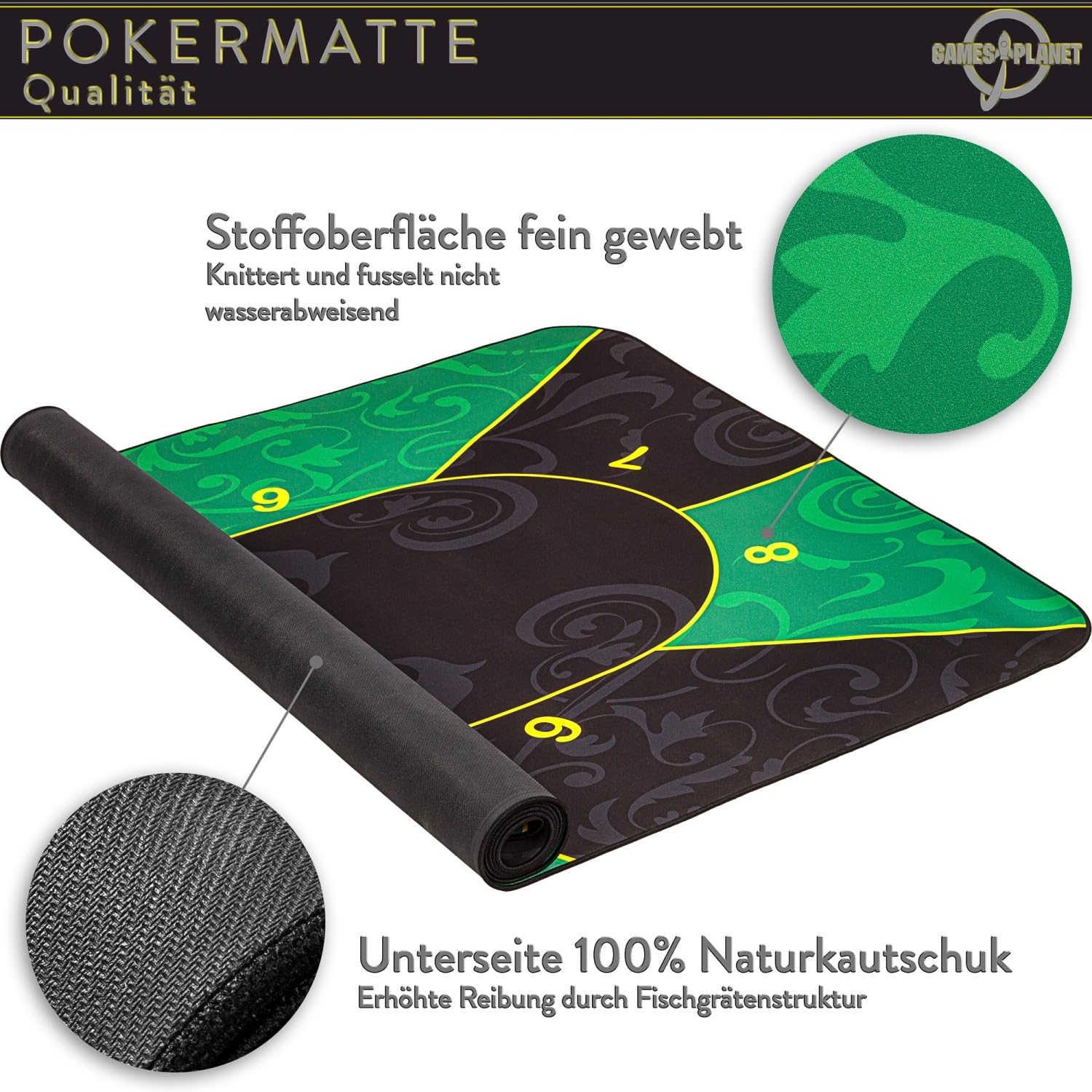 GAMES PLANET XXL Pokermatte, bis zu 10 Spieler, Maße 160x80 oder 200x90 cm, 3 Farben, inkl. Tragetasche, Unterseite Naturkautschuk, wasserabweisend