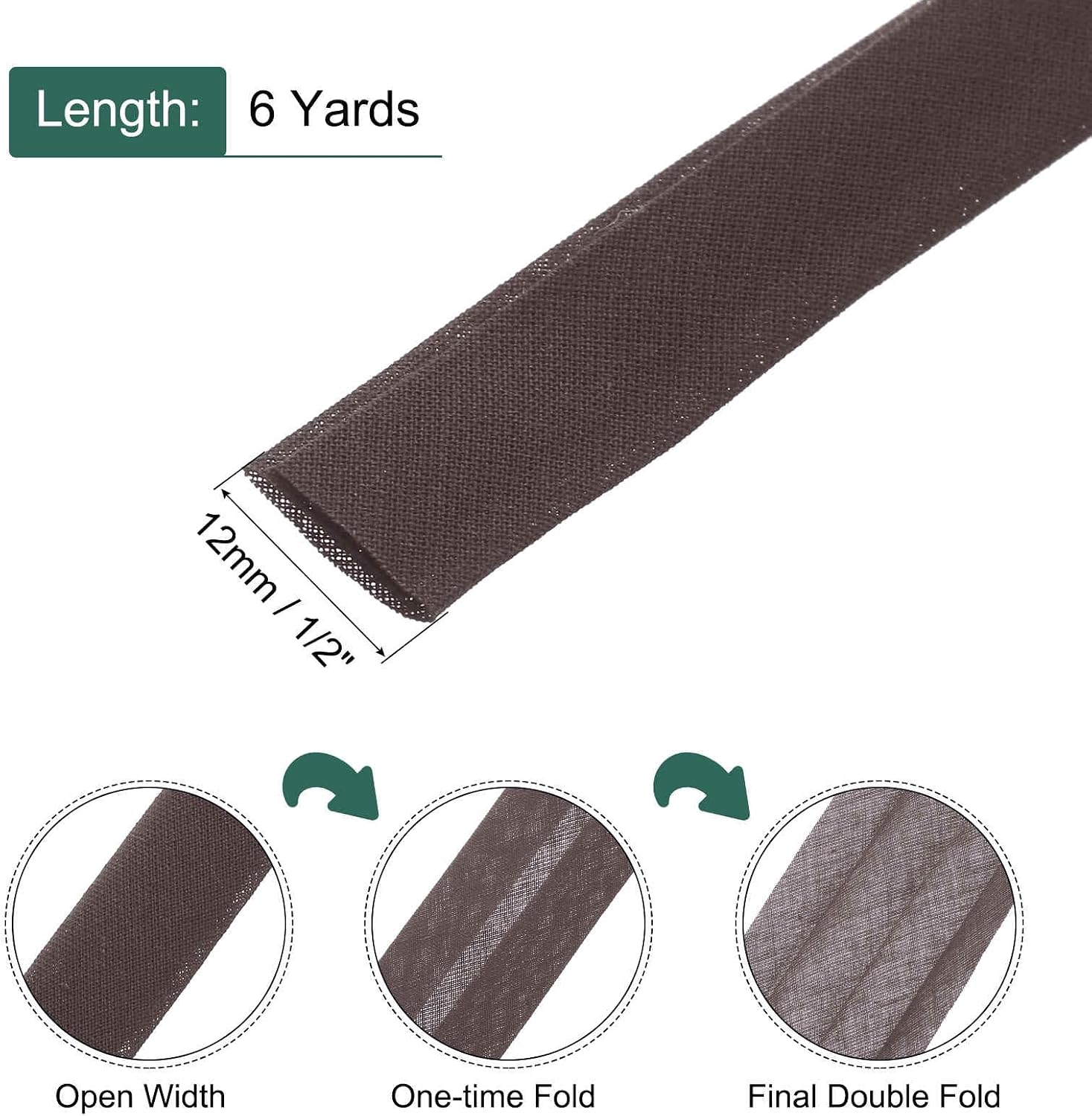 MECCANIXITY 1/2 Inch Double Fold Bias Tape Continuous Bulk Cotton Bias Tape for Sewing Seaming Quilting Hemming Binding Crafts (Brown 6 Yards)