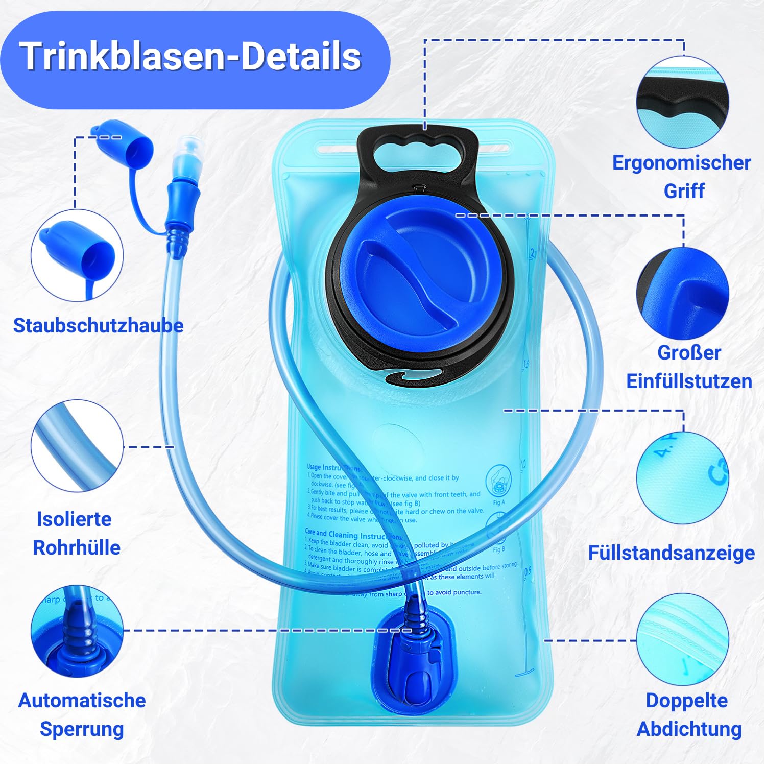 2L Trinkblase | Materialverstärkte Auslaufsichere Wanderausrüstung Wasserflasche mit 100cm Extralangem Trinkschlauch – Ideal für Radfahren, Wandern & Klettern